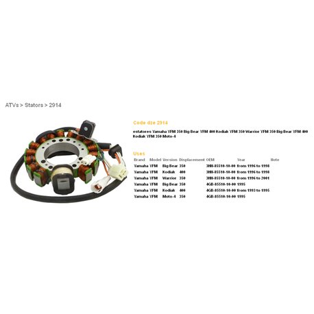 DZE, stator alternátoru, Yamaha YFM350 BIG BEAR '95-98, WARRIOR '96-'01, KODIAK 400 '93-'98 (ESG434) (OEM-3HN-8510-10-00