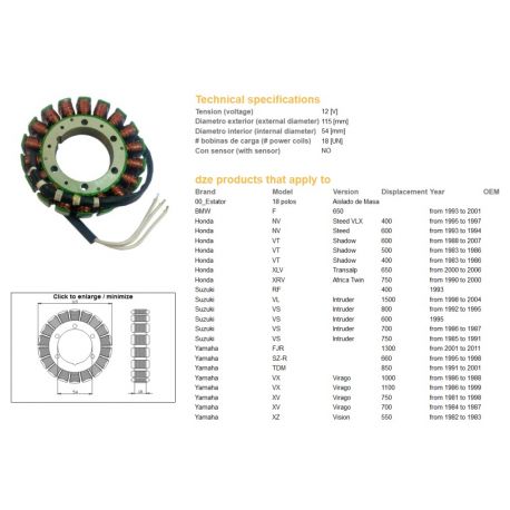 DZE, stator alternátoru, Yamaha FJR 1300 '01-11, TDM 850 '91-01, XV 750 '81-98, 1100 '86-99, Suzuki VL 1500 '98-04, VS 6