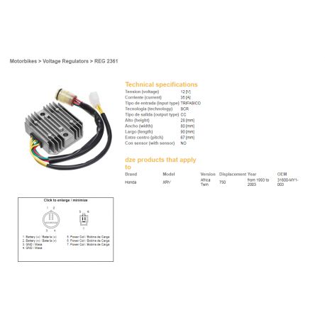 DZE, regulátor napětí, Honda XRV 750 93-00 (35A) (31600-MY1-003) (ESR672, RGU-125)