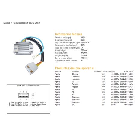 DZE, regulator napětí, Aprilia PEGASO 600/650 90-95, RS125 95-09 (20A), LEONARDO, SCARABEO (ESR087)