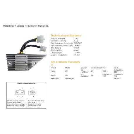DZE, regulator napětí, Honda CB 650SC NIGHTHAWK '83-'85 (31600-ME5-003) (SH255-12)