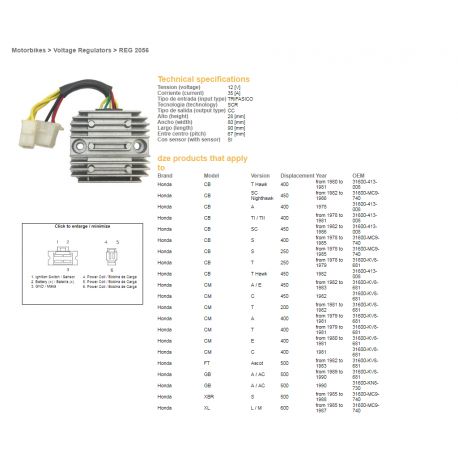 DZE, regulátor napětí, Honda CB 250/400/450 , CX 500, GL500, XL600LM/RM, XBR 500 (31600-413-008, 31600-MC9-740) (35A) (ESR180)