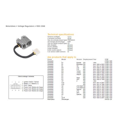DZE, regulátor napětí, Kawasaki EL/EN/EX/GPZ/KZ/Z (SH530-12) (21066-1030) (SH530-12K,ESR140)