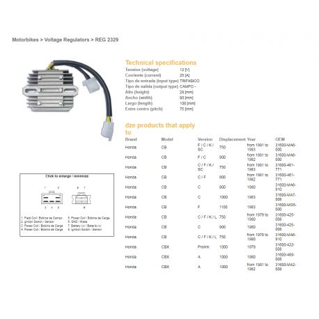 DZE, regulátor napětí, Honda CB750/900/1100 '79-'84 (OEM-31600-MA6-000) (ESR210)