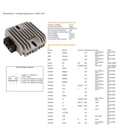 DZE, regulátor napětí, Yamaha XJ600 DIVERSION 96-02, YBR125, YZF125R, MAJESTY 125/250 (4HM-81960-00), Suzuki DR650SE 96-17 (3280