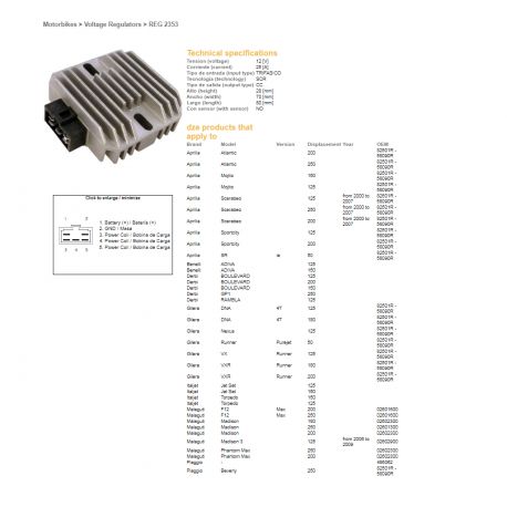 DZE, regulátor napětí, Aprilia 125/250, MALAGUTI 125/200/250, PIAGIO 125/200/250 (12V/25A) (ESR259)