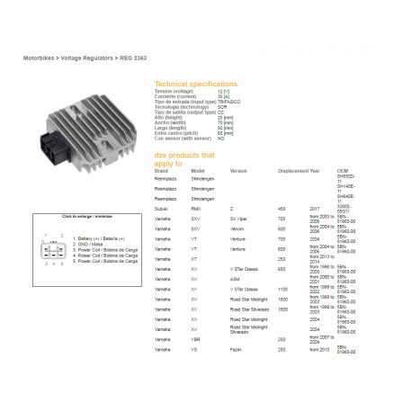 DZE, regulátor napětí, Yamaha XVS 650 '98-'00, XV1600 '99-'04, XVS1100 '99-'02 (OEM-5BN-81960-00) (RGU-210) (35A)