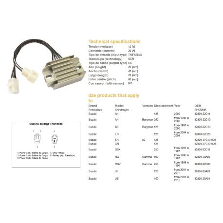 DZE, regulátor napětí, Suzuki AN 125/250 BURGMAN '95-'00, GN 125 (32800-22D11, 32800-22D10, 32800-37G10-000) 12V/20A