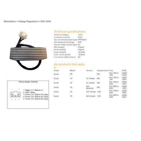 DZE, regulátor napětí, Suzuki DR 650 92-95, VS 600 96-97, VS 800 92-09, VS 1400 96-09 (OEM-32800-12E01) (ESR751)