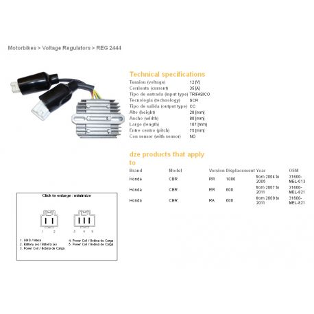 DZE, regulátor napětí, Honda CBR600RR 07-11, CBR1000RR 04-05 (31600-MEL-821) (ESR439) (SH678FD, SH678FB)