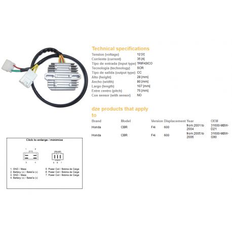 DZE, regulátor napětí, Honda CBR 600F 4 I '01-'06 (35A) (31600-MBW-D21) (ESR431)