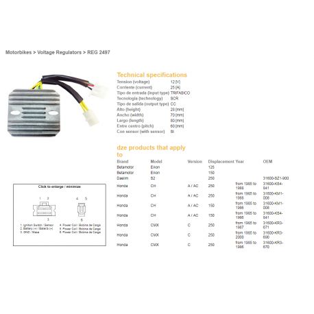 DZE, regulátor napětí, Honda CMX250 REBEL '85-00, CN250 '87-'01, Kymco 125/200/250 (ESR334)