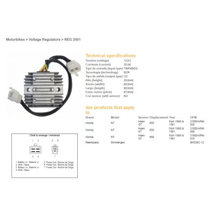 DZE, regulátor napětí, Honda NTV650 '88-91 12V 35A (SH538C-12) (31600-MN8-008) (31600-MN8-028) (ESR252)