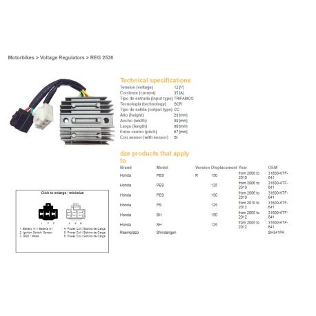 DZE, regulátor napětí, Honda SH 125/150 '05-12 12V 35A (31600-KTF-641) (SH541PA) (ESR910)