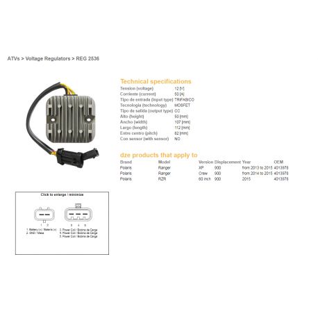 DZE, regulátor napětí, Polaris RANGER 900 XP/CREW/60 '13-'15 MOSFET - 50A (4013978) (ESR829)