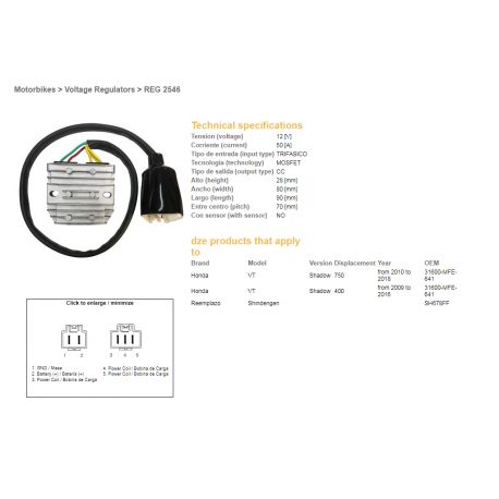 DZE, regulátor napětí, Honda VT 750C SHADOW '10-'18 (31600-MFE-641) 12V50A (MOSFET)