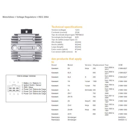 DZE, regulátor napětí, Kawasaki VN/ZL/ZZR 600/ZX 6R 95-97 (RGU-404,ESR260) (21066-1089, 21066-027) (SH650GA, SH650A-12)