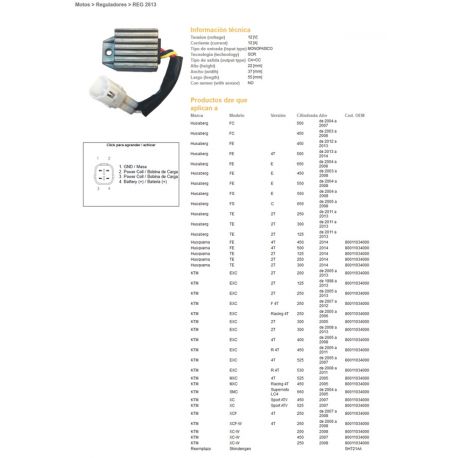 DZE, regulátor napětí, KTM EXC 125 98-13, EXC200/250/300 05-13, EXC250/400/450/525/530 05-11 (80011034000) (12V/12A) (801103400)