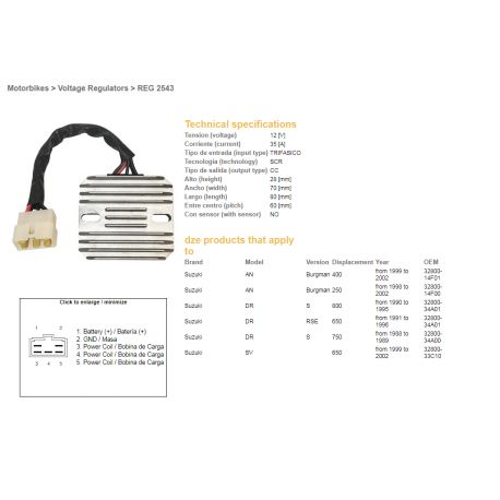 DZE, regulátor napětí, Suzuki AN/250/400 '99-'02, DR 650 RSE '91-'96, DR 750/800S '88-'95, SV 650 '99-'02 (32800-34A00, 32800-14